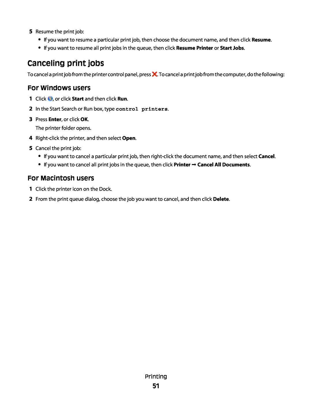 Lexmark S500, 30E, 301 manual Canceling print jobs, For Windows users, For Macintosh users 