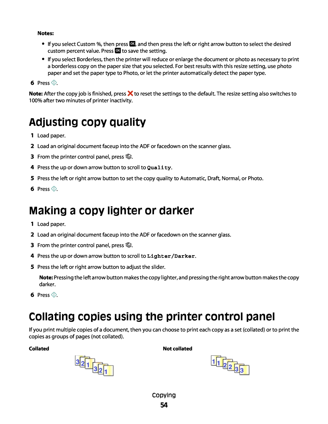 Lexmark S500 Adjusting copy quality, Making a copy lighter or darker, Collating copies using the printer control panel 
