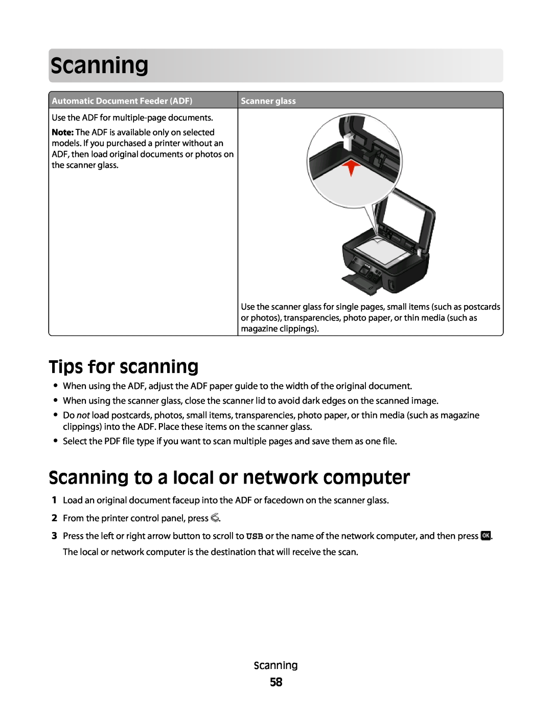 Lexmark 30E, S500, 301 manual Tips for scanning, Scanning to a local or network computer 