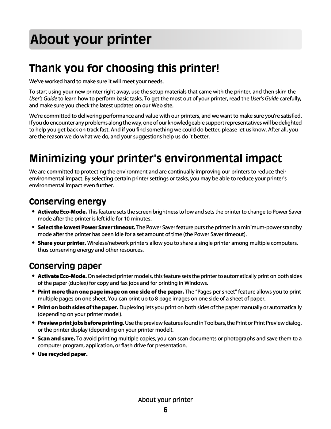Lexmark S500, 30E About your printer, Thank you for choosing this printer, Minimizing your printers environmental impact 