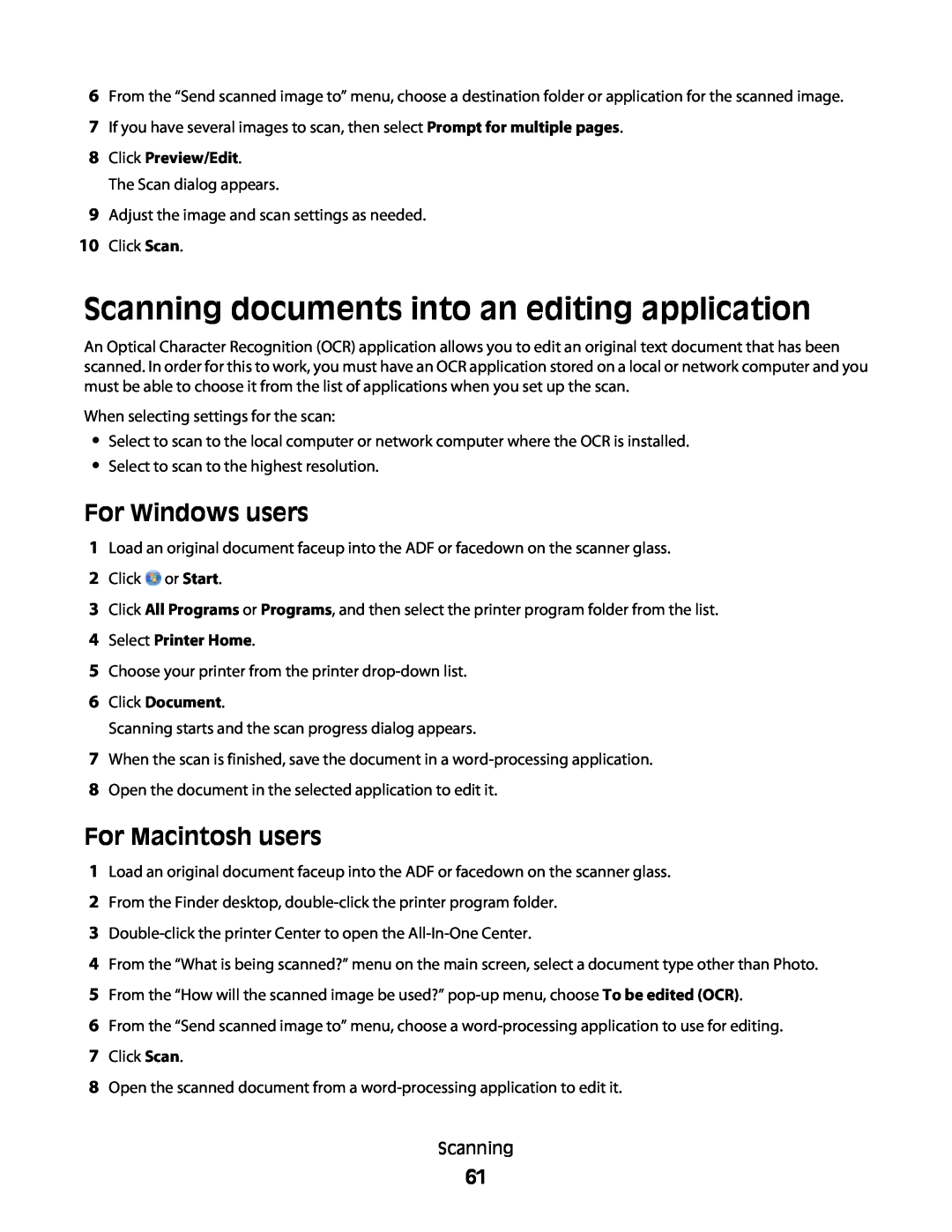 Lexmark 30E, S500 Scanning documents into an editing application, Click Preview/Edit, Click Document, For Windows users 