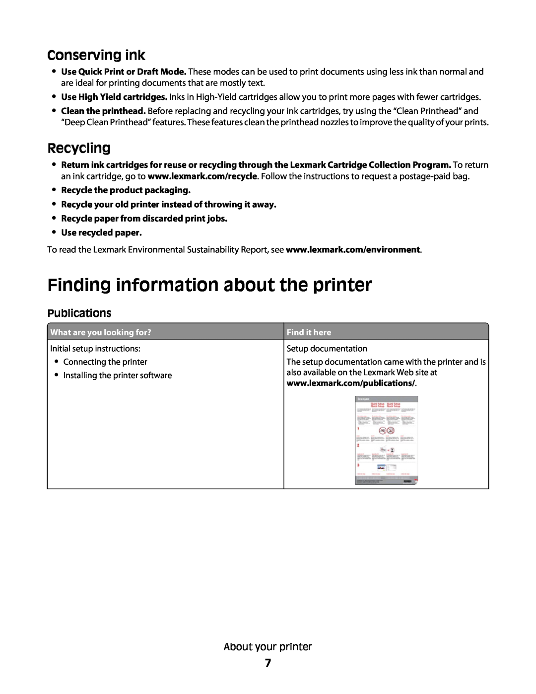 Lexmark 30E Finding information about the printer, Conserving ink, Recycling, Publications, Recycle the product packaging 