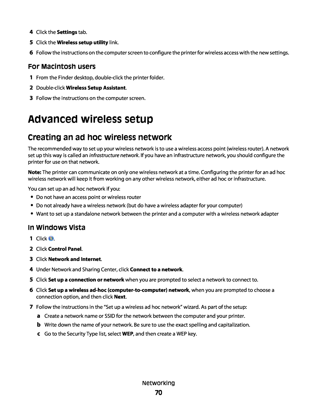 Lexmark 30E, S500, 301 Advanced wireless setup, Creating an ad hoc wireless network, In Windows Vista, For Macintosh users 