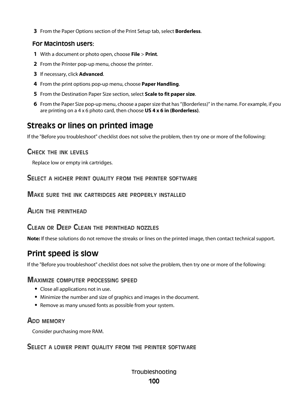 Lexmark 30E, S500, 301 manual Streaks or lines on printed image, Print speed is slow, 100 