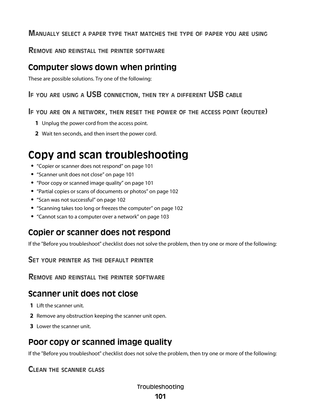 Lexmark 301, S500, 30E Copy and scan troubleshooting, Computer slows down when printing, Copier or scanner does not respond 