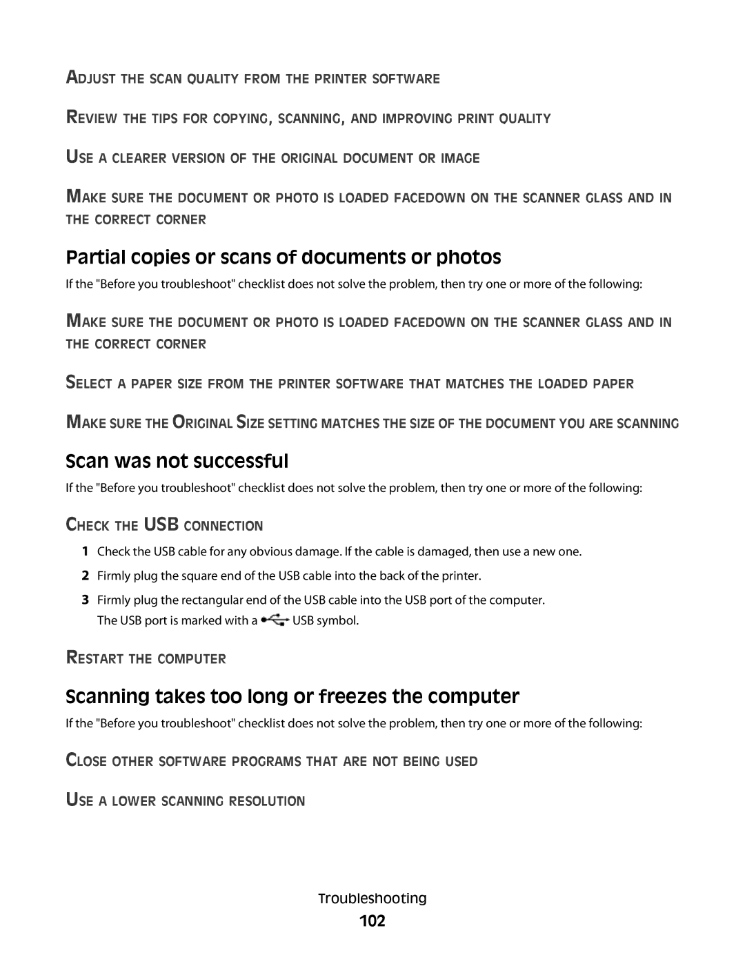 Lexmark S500, 30E, 301 Partial copies or scans of documents or photos, Scan was not successful, 102, Restart the Computer 