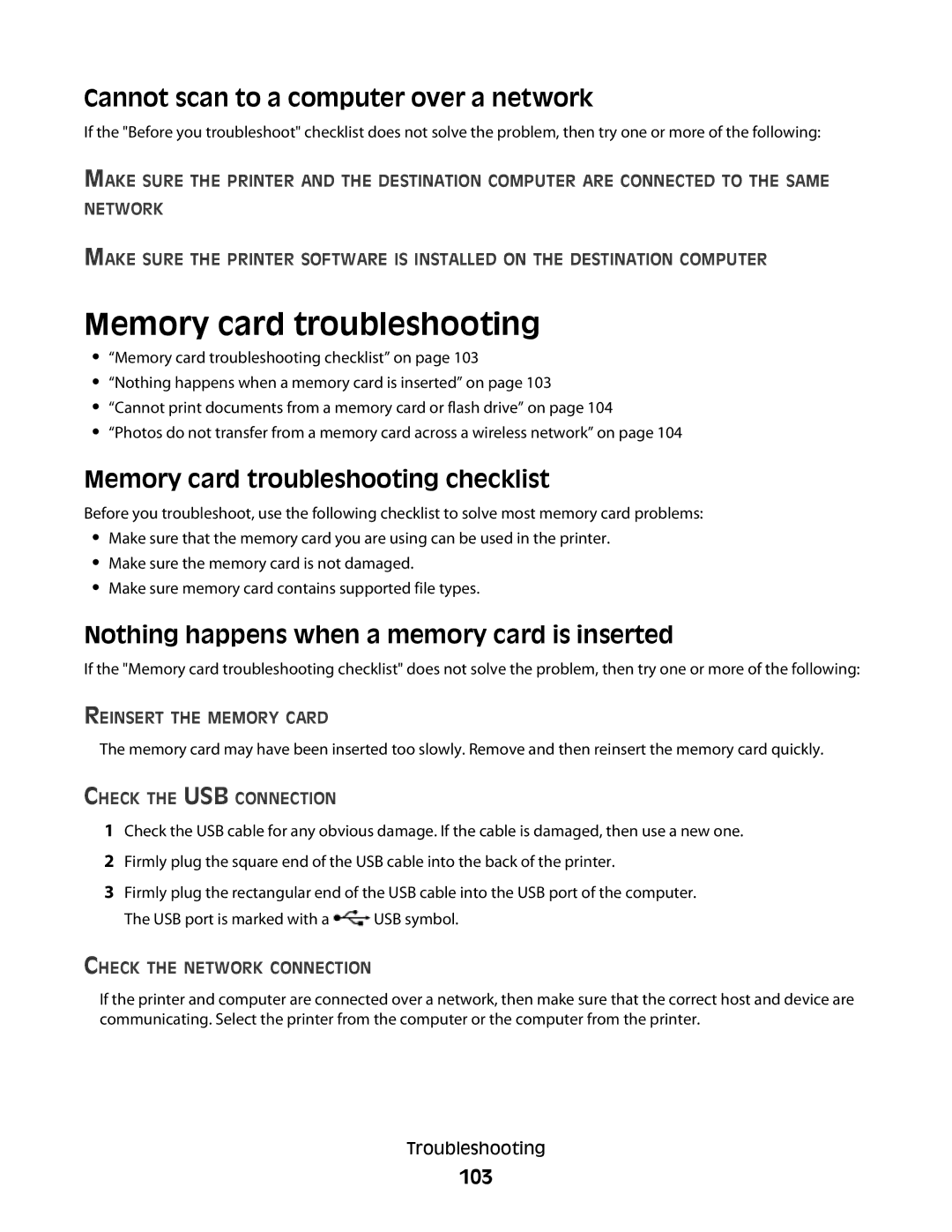 Lexmark 30E, S500, 301 manual Cannot scan to a computer over a network, Memory card troubleshooting checklist, 103 