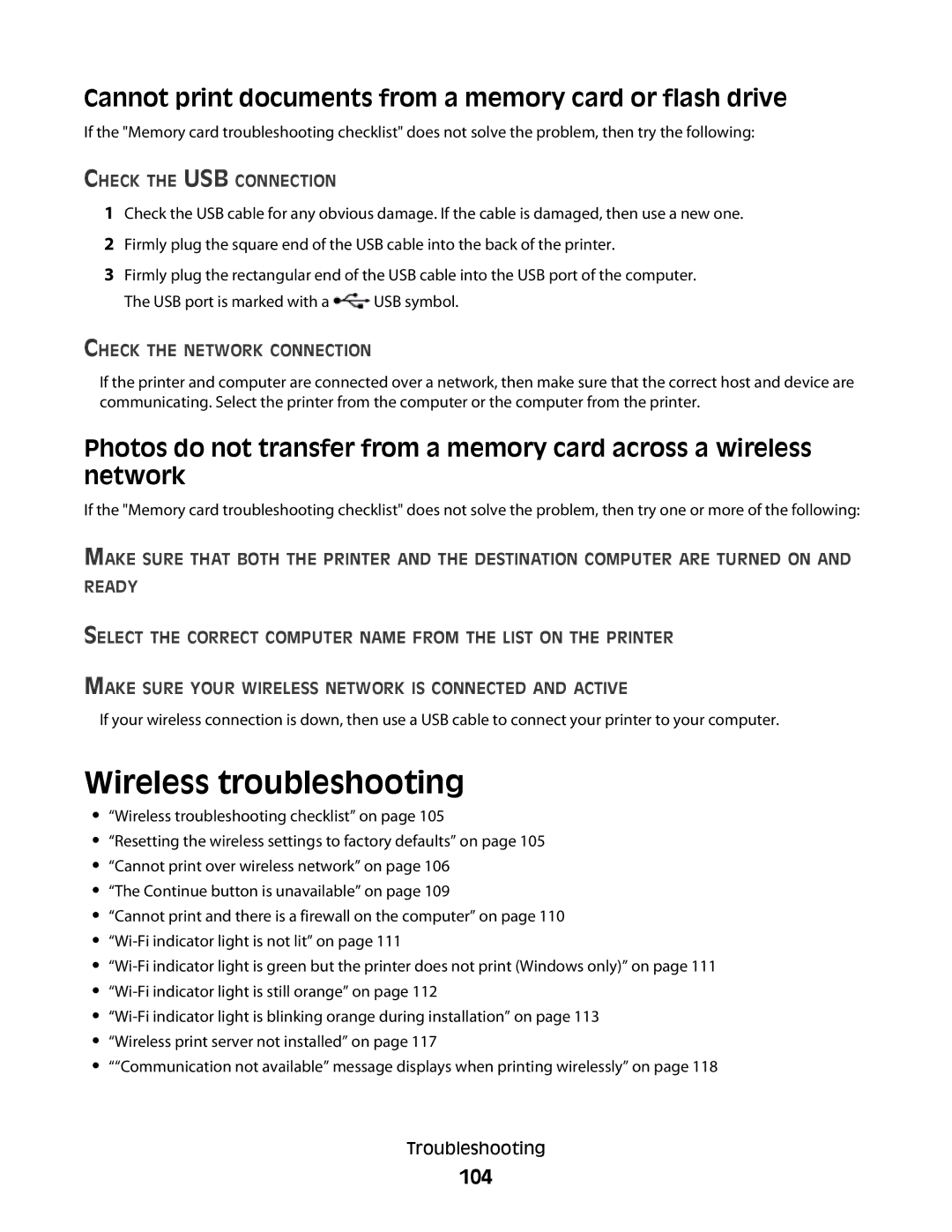 Lexmark 301, S500, 30E manual Wireless troubleshooting, Cannot print documents from a memory card or flash drive, 104 