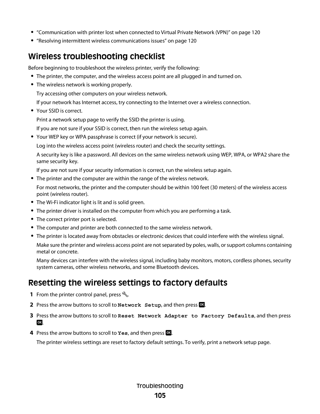 Lexmark S500, 30E, 301 manual Wireless troubleshooting checklist, Resetting the wireless settings to factory defaults, 105 