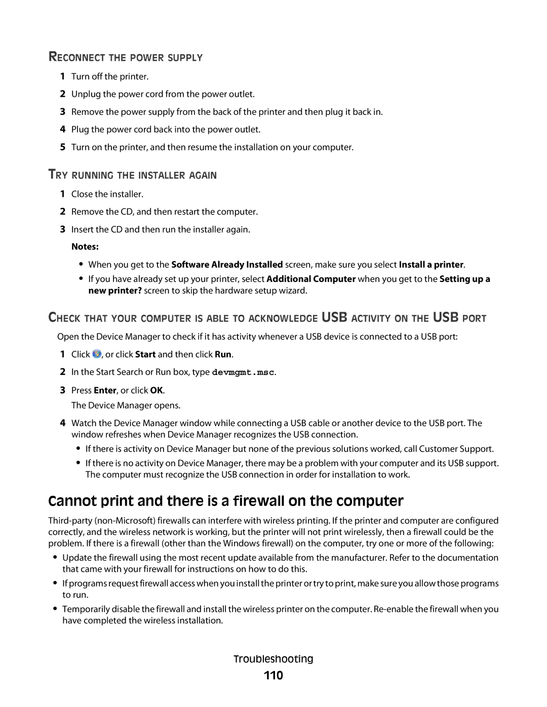 Lexmark 301, S500, 30E manual Cannot print and there is a firewall on the computer, 110, Reconnect the Power Supply 