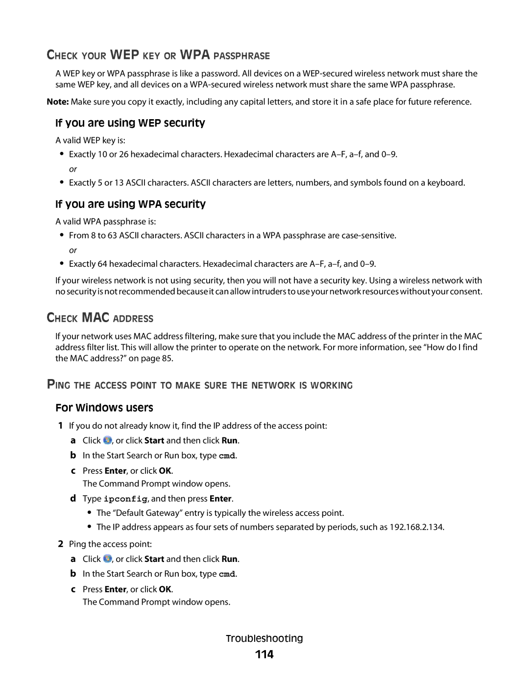 Lexmark S500, 30E, 301 manual 114, Ping the Access Point to Make Sure the Network is Working 