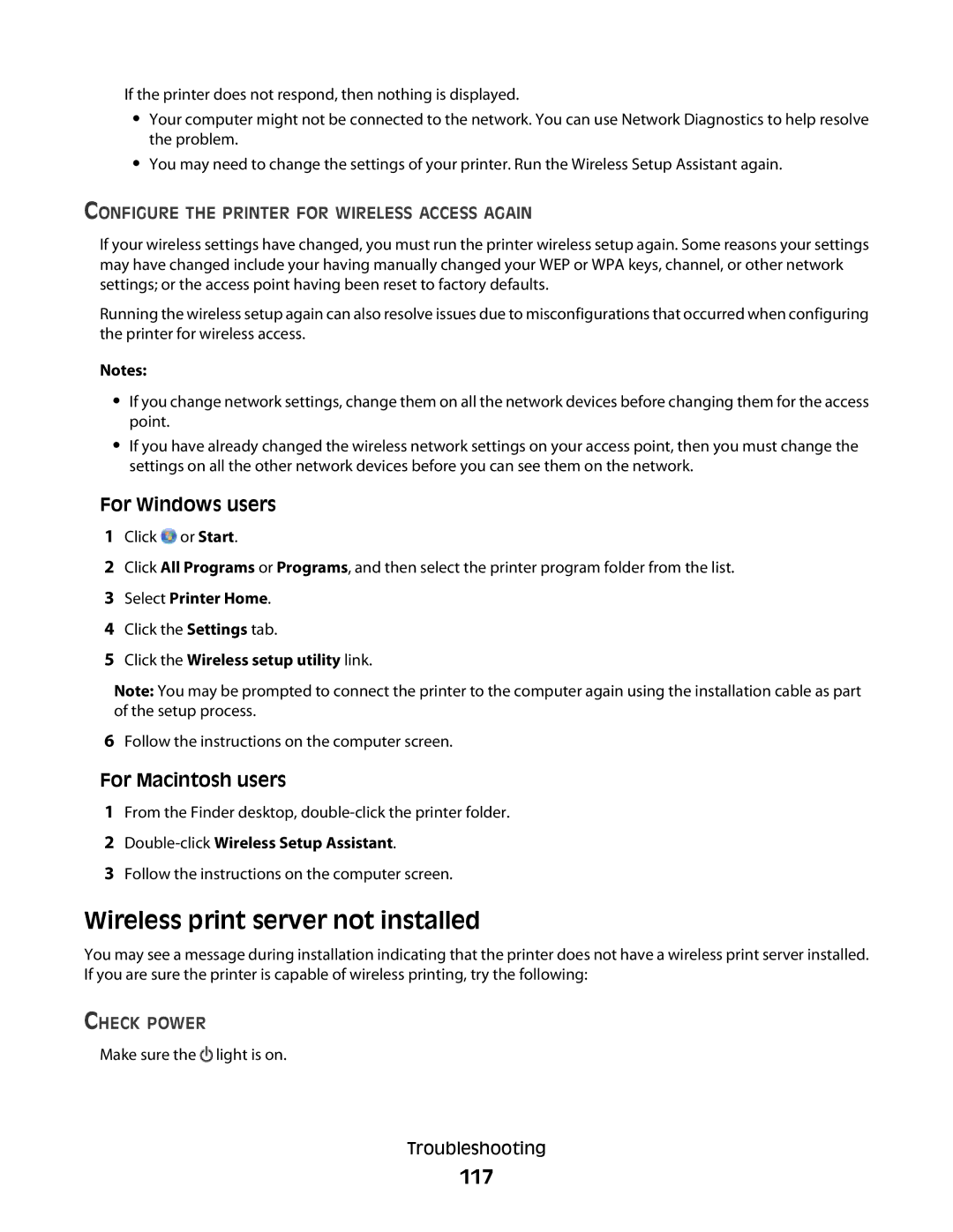 Lexmark S500, 30E, 301 manual Wireless print server not installed, 117, Configure the Printer for Wireless Access Again 