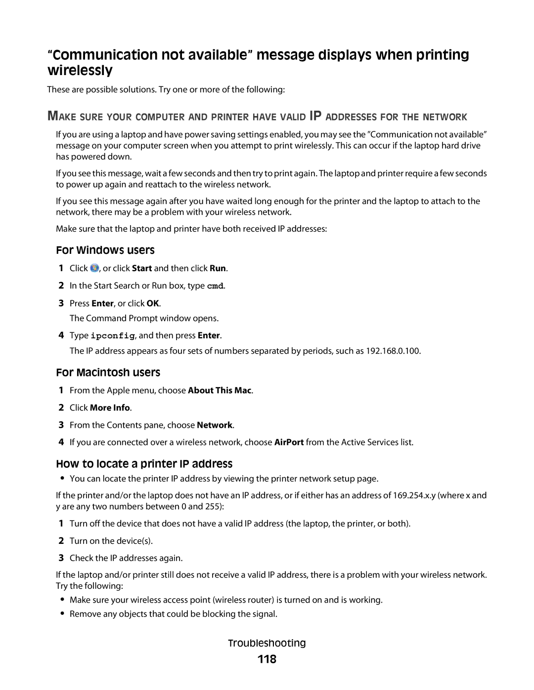 Lexmark 30E, S500, 301 manual 118, How to locate a printer IP address 