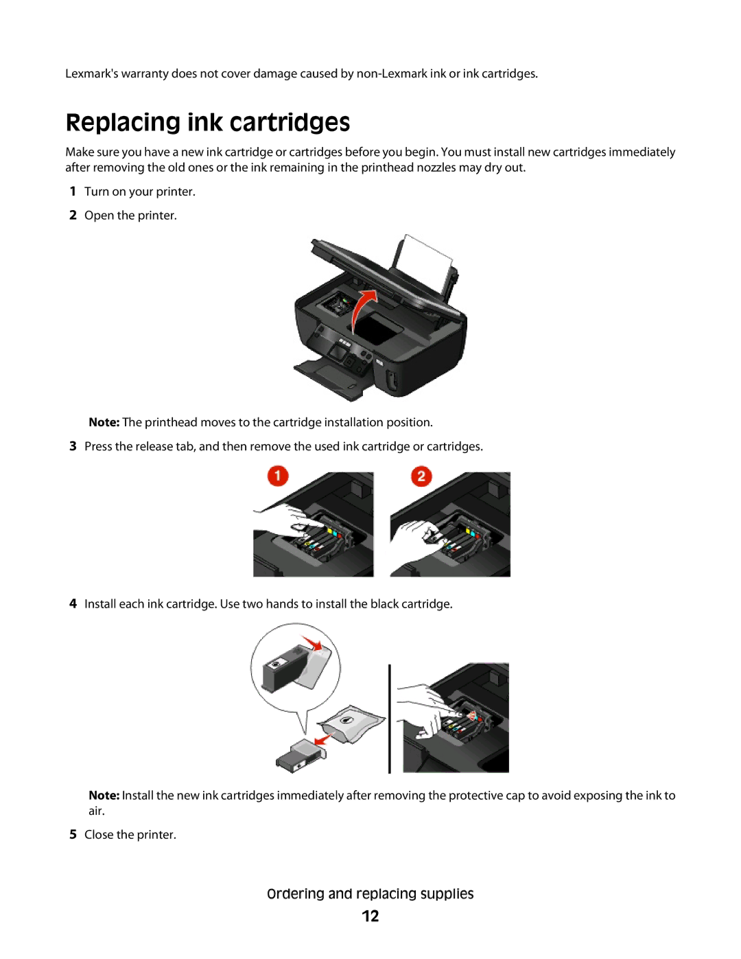 Lexmark S500, 30E, 301 manual Replacing ink cartridges 