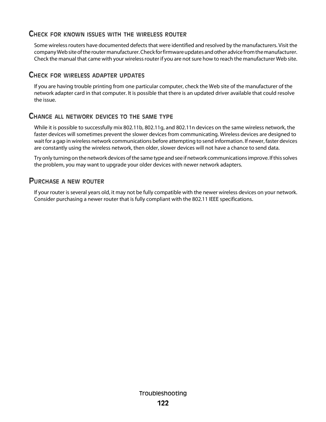 Lexmark 301, S500, 30E manual 122, Check for Known Issues with the Wireless Router, Check for Wireless Adapter Updates 