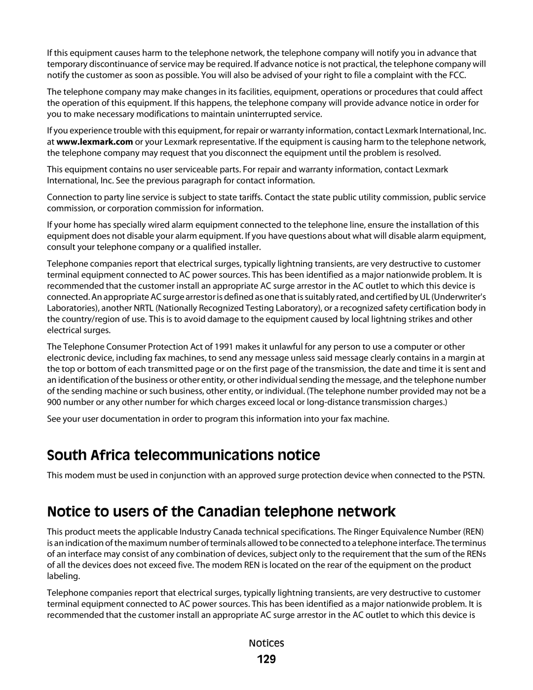 Lexmark S500, 30E, 301 manual South Africa telecommunications notice, 129 