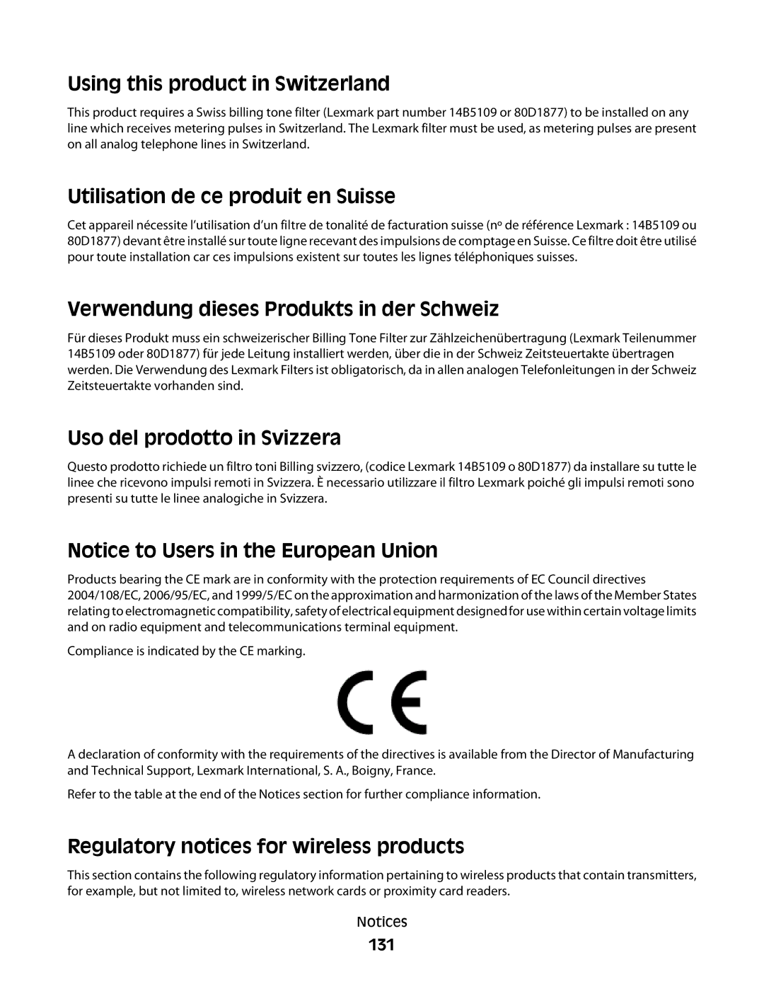 Lexmark 301, S500, 30E Using this product in Switzerland, Utilisation de ce produit en Suisse, Uso del prodotto in Svizzera 