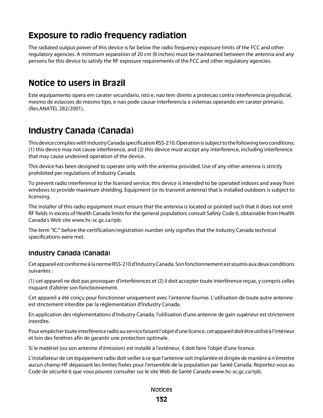 Lexmark S500, 30E, 301 manual Exposure to radio frequency radiation, Industry Canada Canada, 132 