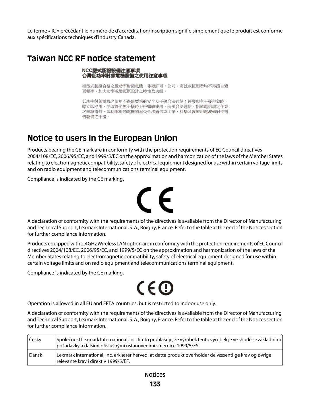 Lexmark 30E, S500, 301 manual Taiwan NCC RF notice statement, 133 