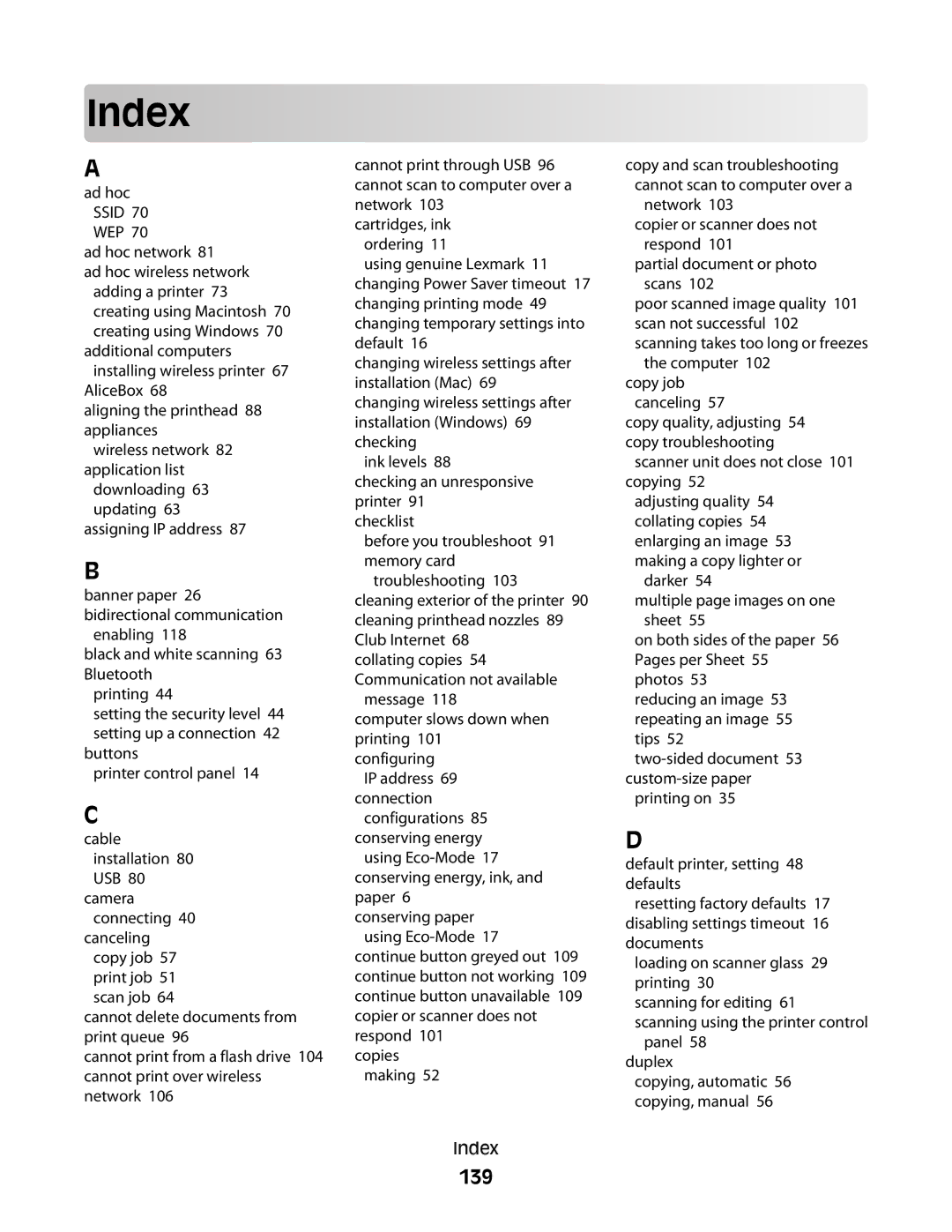 Lexmark 30E, S500, 301 manual Index, 139 