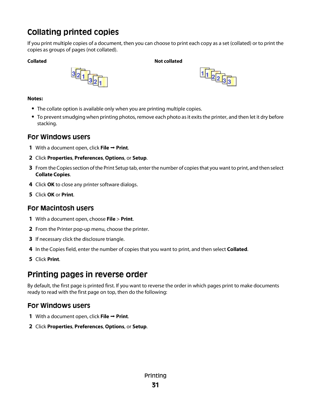 Lexmark 30E, S500, 301 manual Collating printed copies, Printing pages in reverse order 