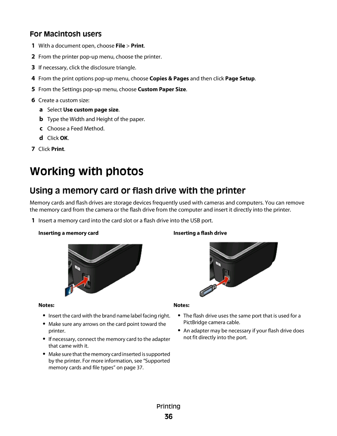 Lexmark S500, 30E Working with photos, Using a memory card or flash drive with the printer, Select Use custom page size 