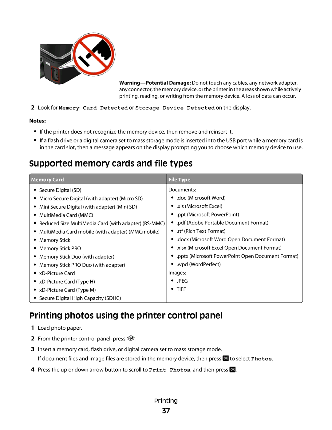 Lexmark 30E, S500, 301 manual Supported memory cards and file types, Printing photos using the printer control panel 