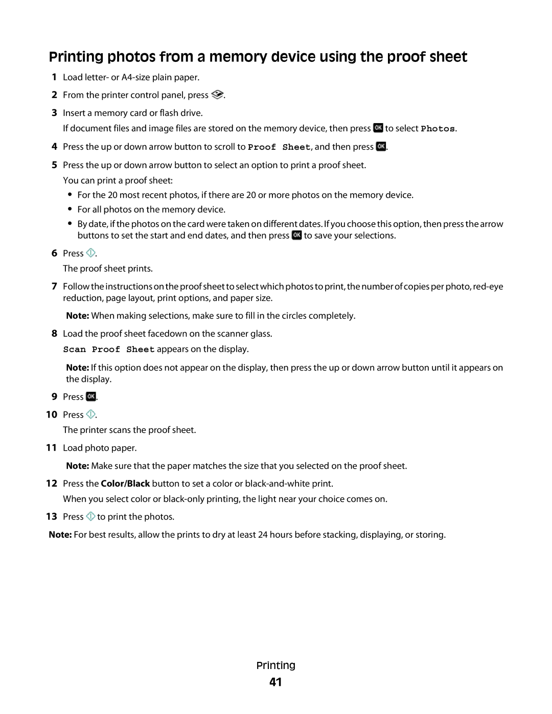 Lexmark 301, S500, 30E manual Printing photos from a memory device using the proof sheet 