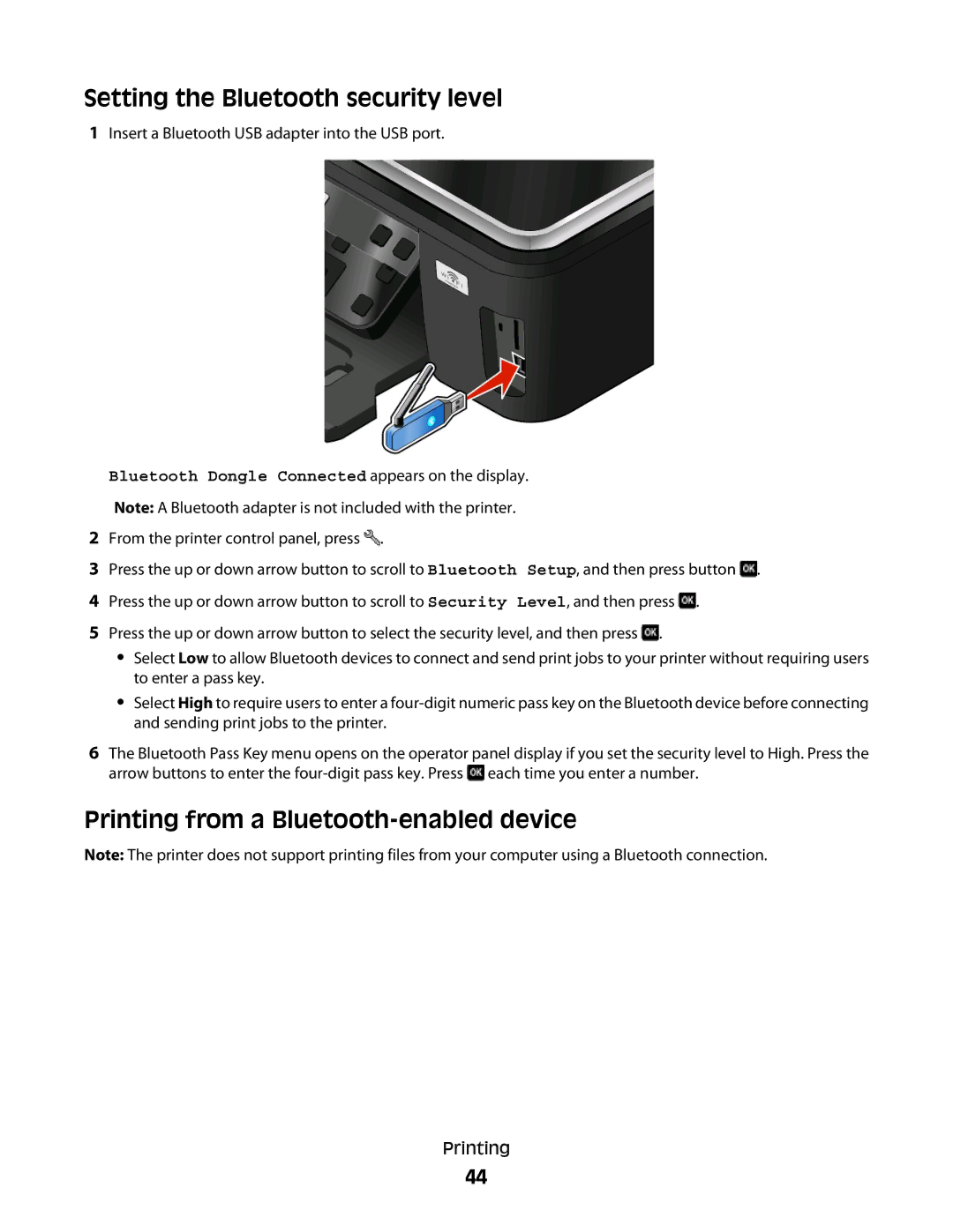 Lexmark 301, S500, 30E manual Setting the Bluetooth security level, Printing from a Bluetooth-enabled device 