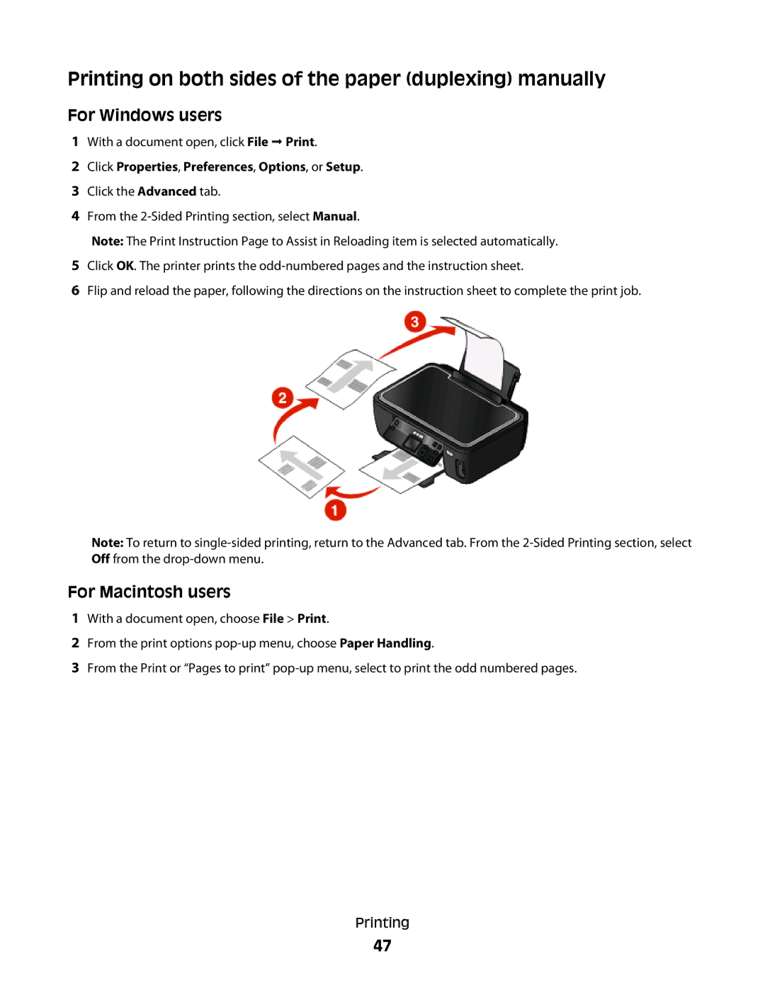 Lexmark 301, S500, 30E Printing on both sides of the paper duplexing manually 