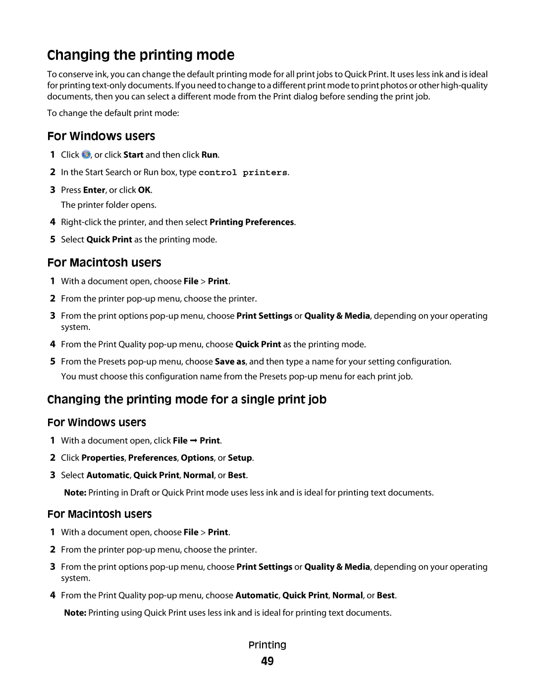 Lexmark 30E, S500, 301 manual Changing the printing mode for a single print job, For Windows users, For Macintosh users 