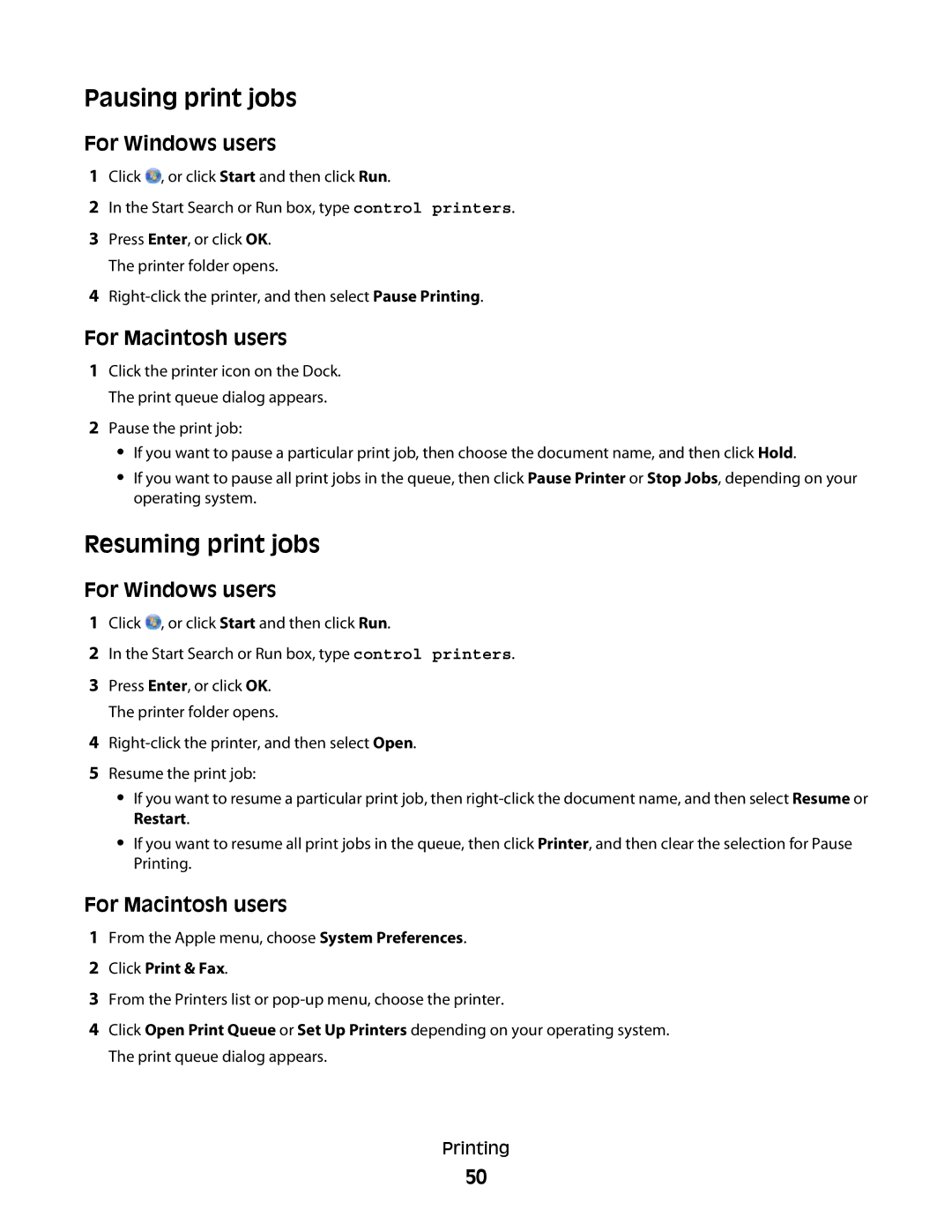 Lexmark 301, S500, 30E manual Pausing print jobs, Resuming print jobs 