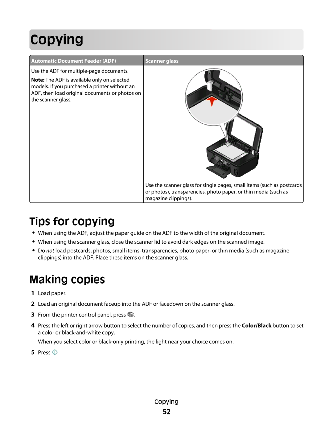 Lexmark 30E, S500, 301 manual Cop ying, Tips for copying, Making copies 