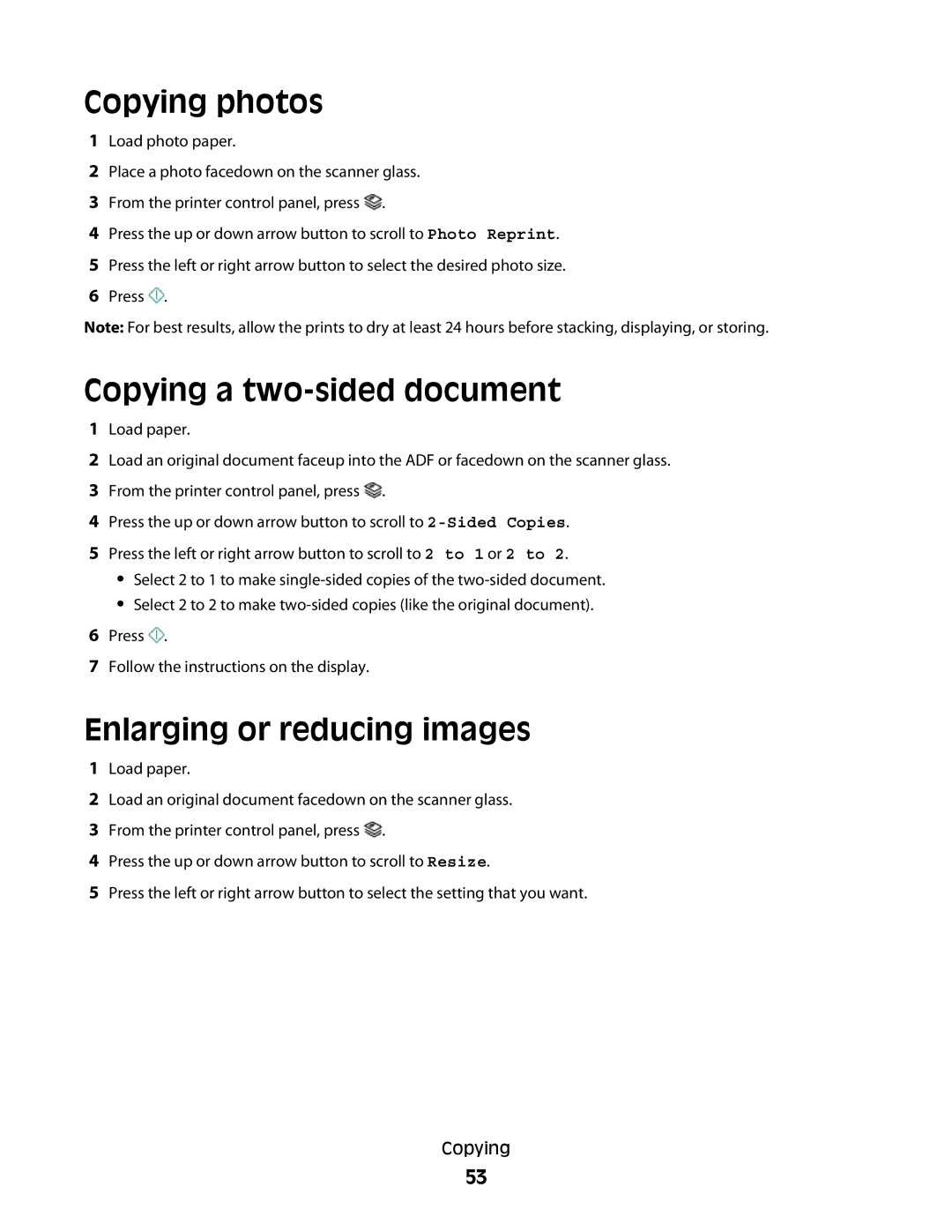 Lexmark 301, S500, 30E manual Copying photos, Copying a two-sided document, Enlarging or reducing images 