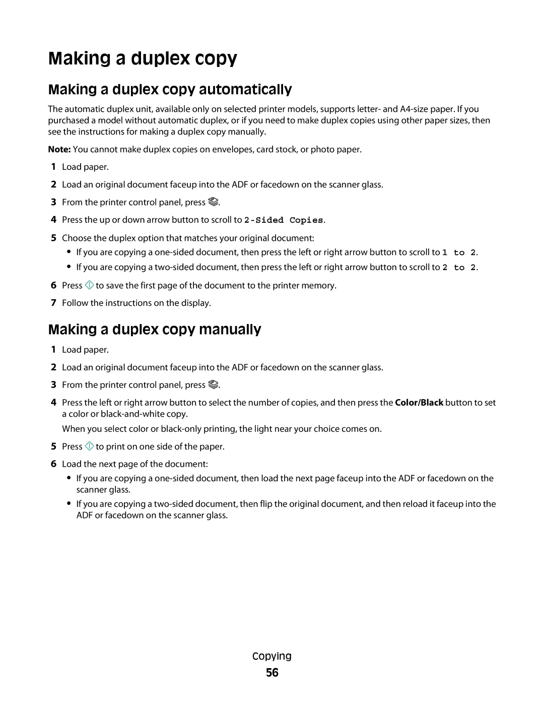 Lexmark 301, S500, 30E Making a duplex copy automatically, Making a duplex copy manually 