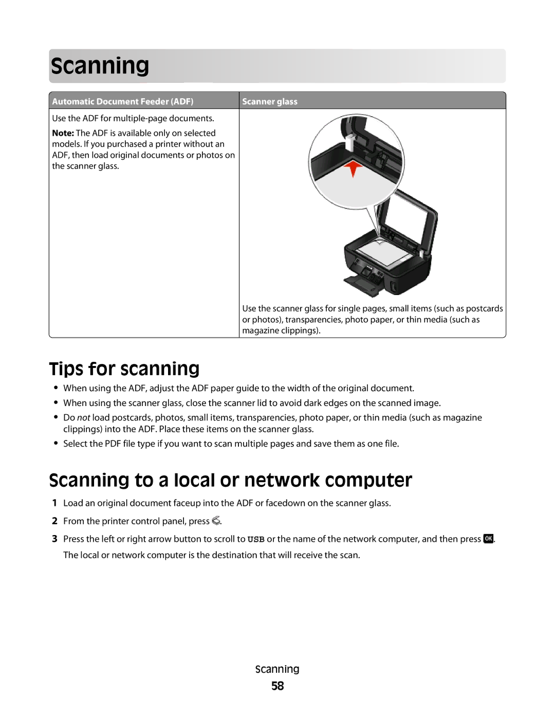 Lexmark 30E, S500, 301 manual Scan ning, Tips for scanning, Scanning to a local or network computer 