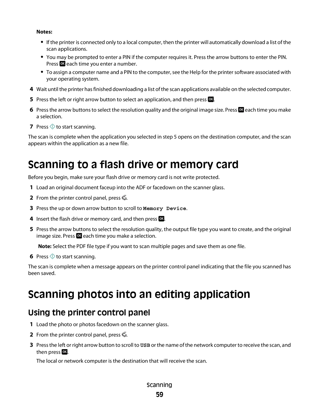 Lexmark 301, S500, 30E manual Scanning to a flash drive or memory card, Scanning photos into an editing application 