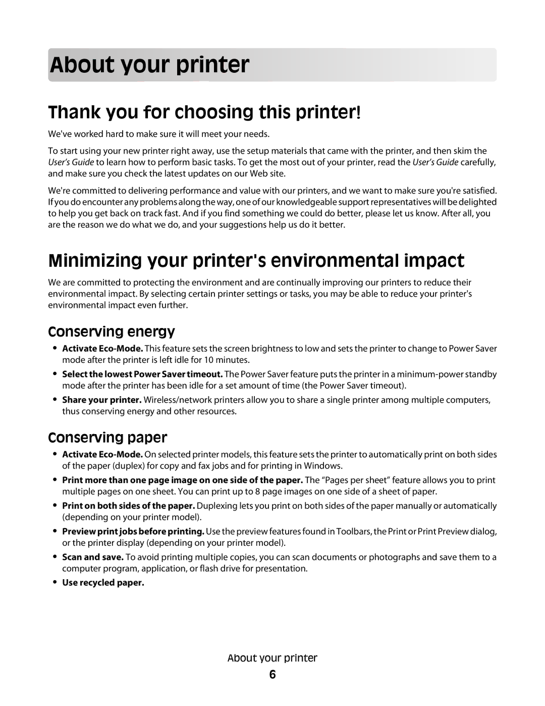 Lexmark S500 Abo ut yo ur prin ter, Thank you for choosing this printer, Minimizing your printers environmental impact 