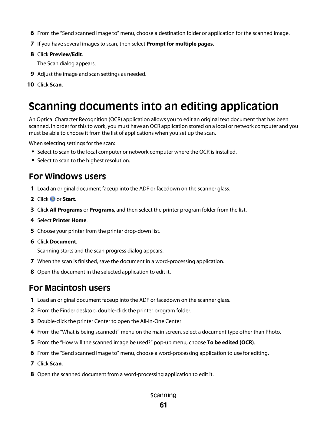 Lexmark 30E, S500, 301 manual Scanning documents into an editing application, Click Preview/Edit, Click Document 