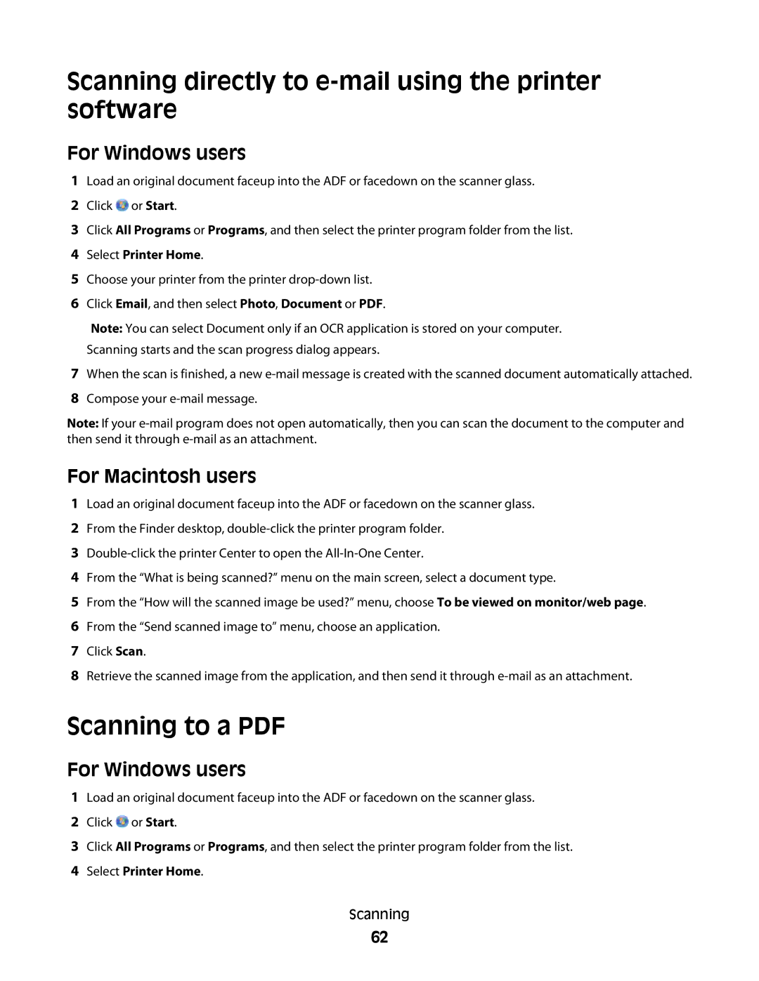 Lexmark 301, S500, 30E manual Scanning directly to e-mail using the printer software 