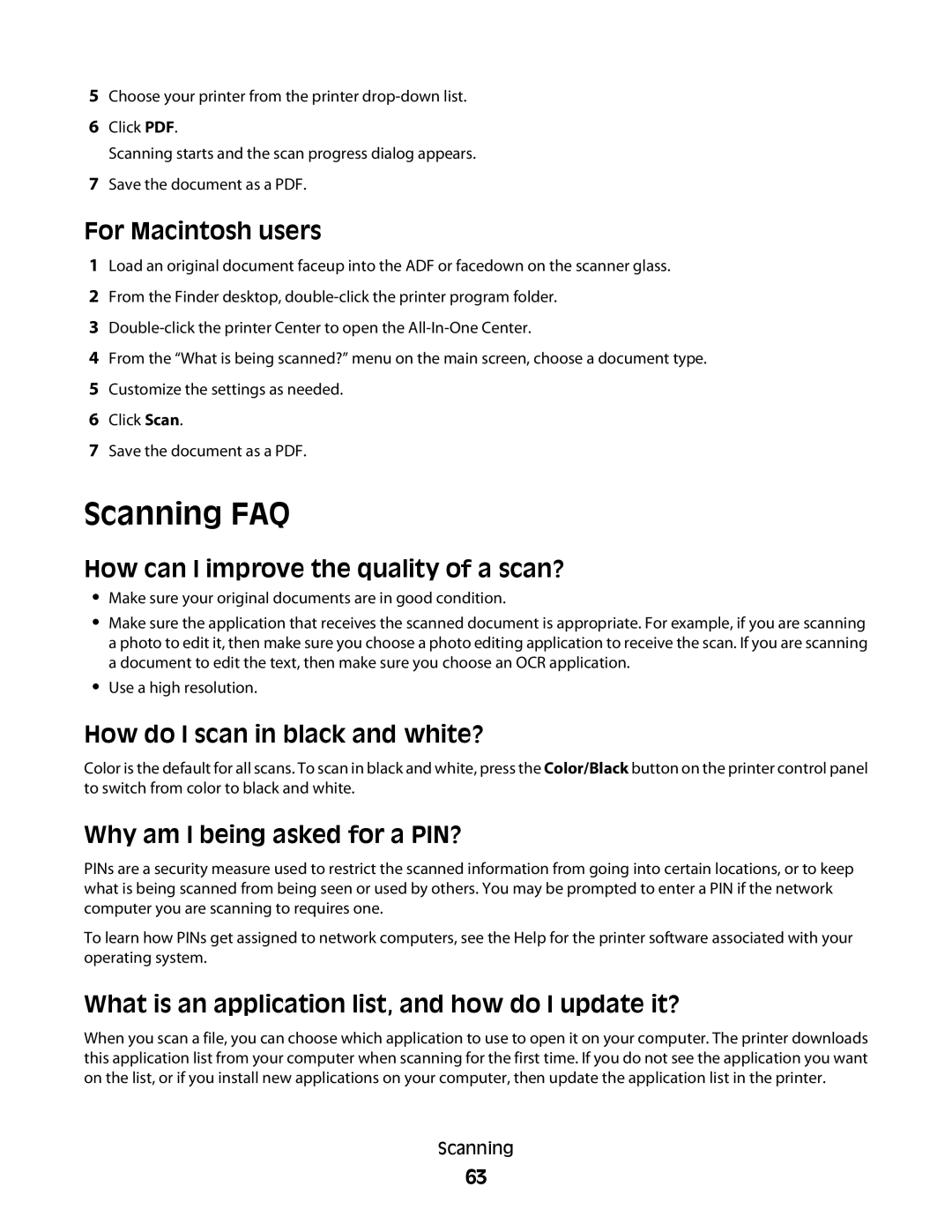 Lexmark S500, 30E, 301 manual Scanning FAQ, How can I improve the quality of a scan?, How do I scan in black and white? 