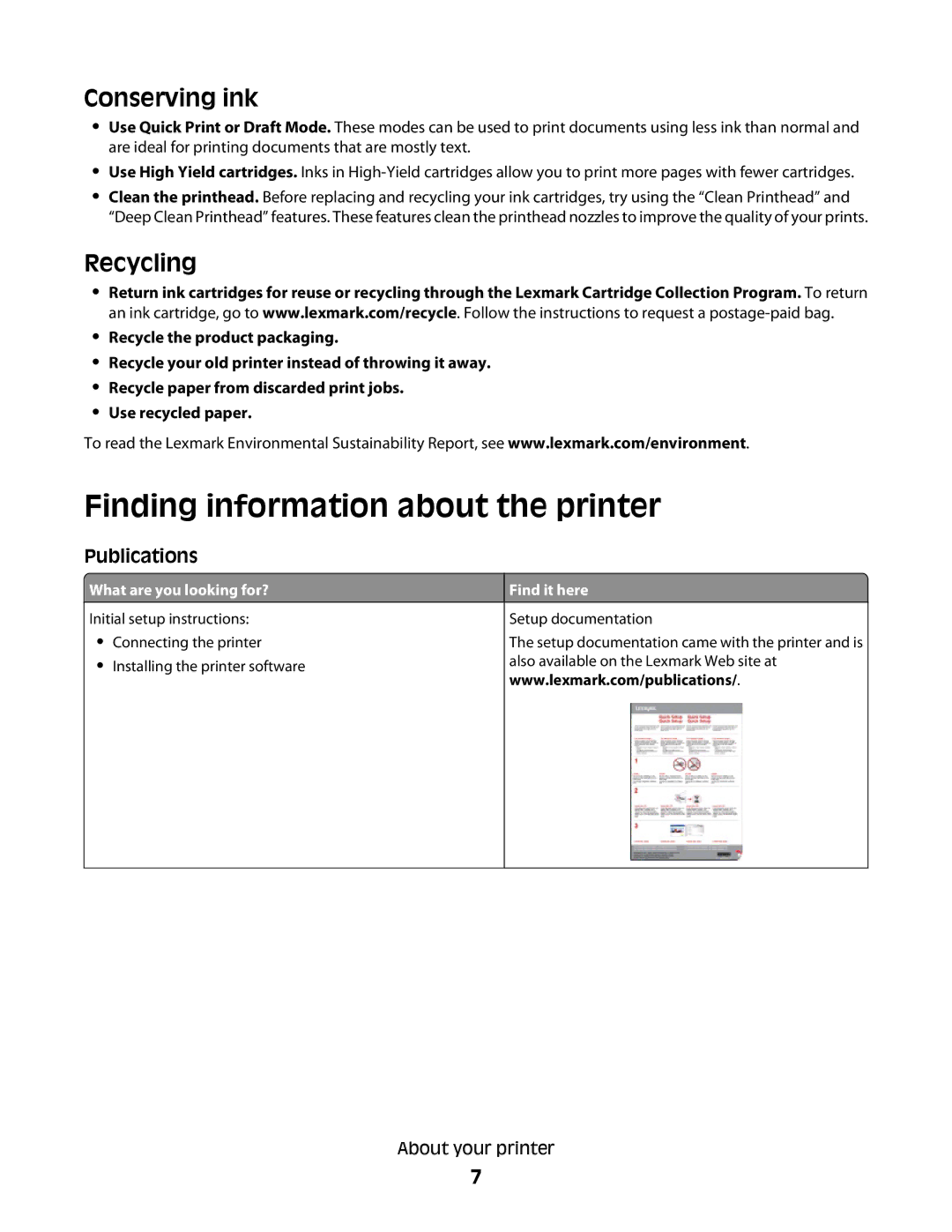 Lexmark 30E, S500, 301 manual Finding information about the printer, Conserving ink, Recycling, Publications 