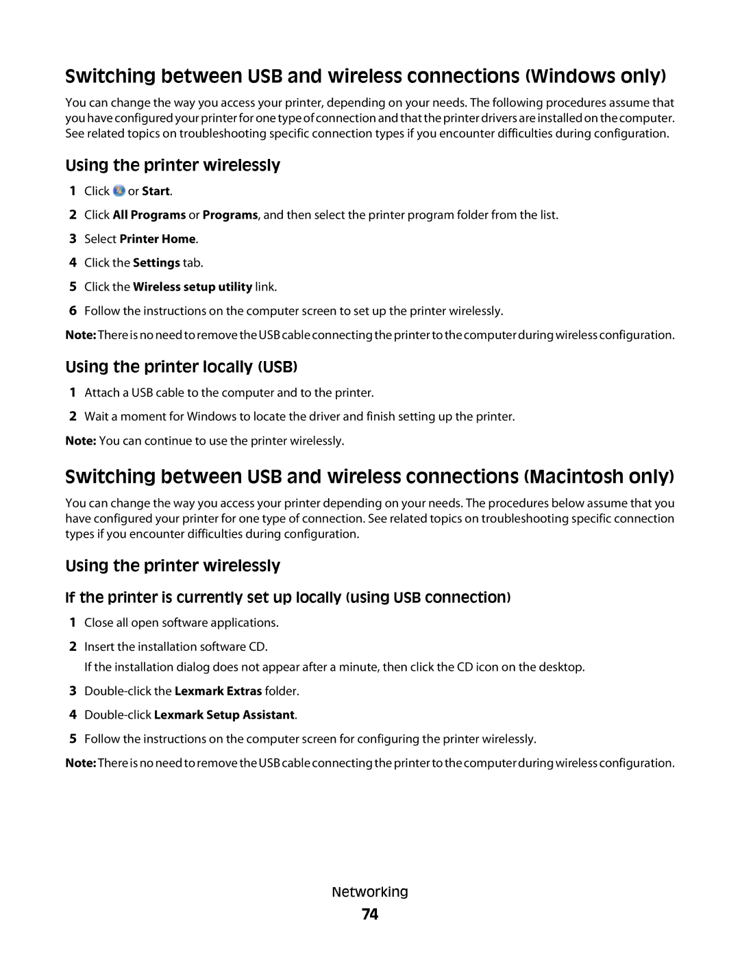 Lexmark 301, S500, 30E manual Switching between USB and wireless connections Windows only, Using the printer wirelessly 