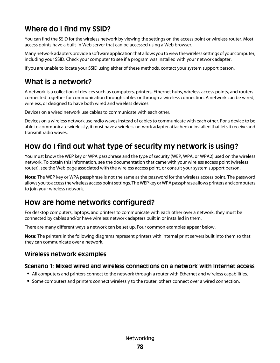 Lexmark S500 Where do I find my SSID?, What is a network?, How are home networks configured?, Wireless network examples 