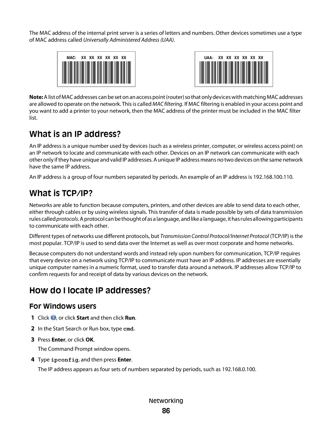 Lexmark 301, S500, 30E manual What is an IP address?, What is TCP/IP?, How do I locate IP addresses? 