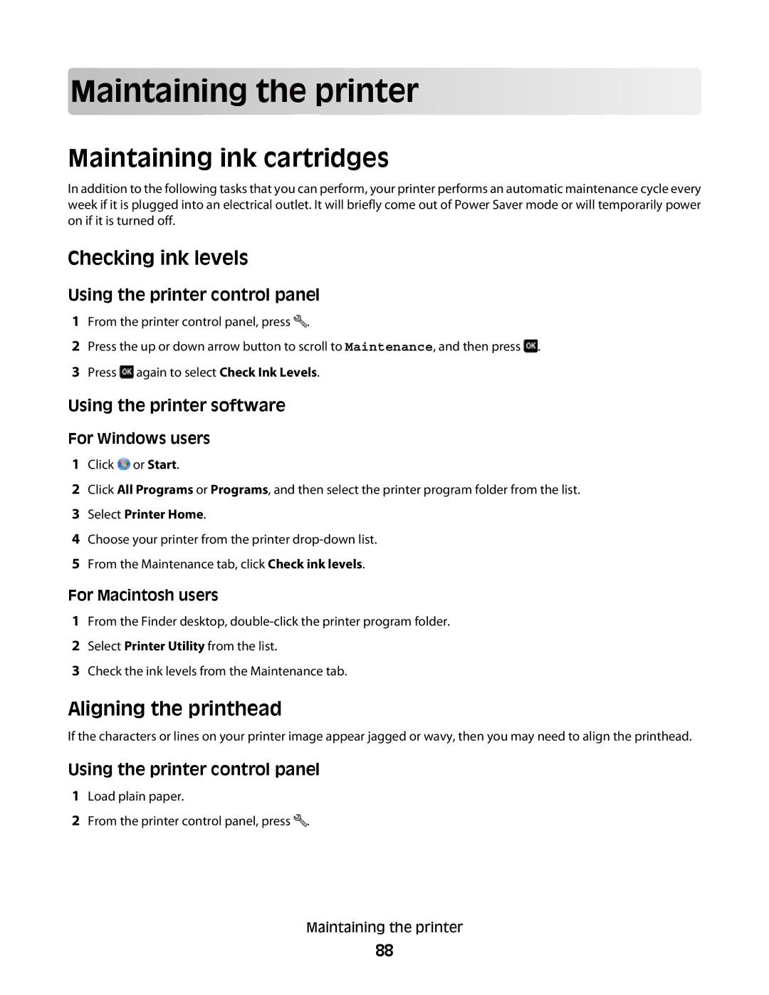 Lexmark 30E, S500, 301 Main taining the prin t er, Maintaining ink cartridges, Checking ink levels, Aligning the printhead 