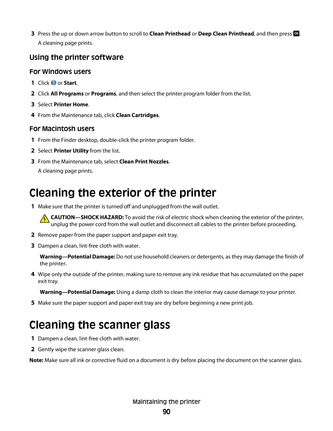 Lexmark S500, 30E, 301 manual Cleaning the exterior of the printer, Cleaning the scanner glass 