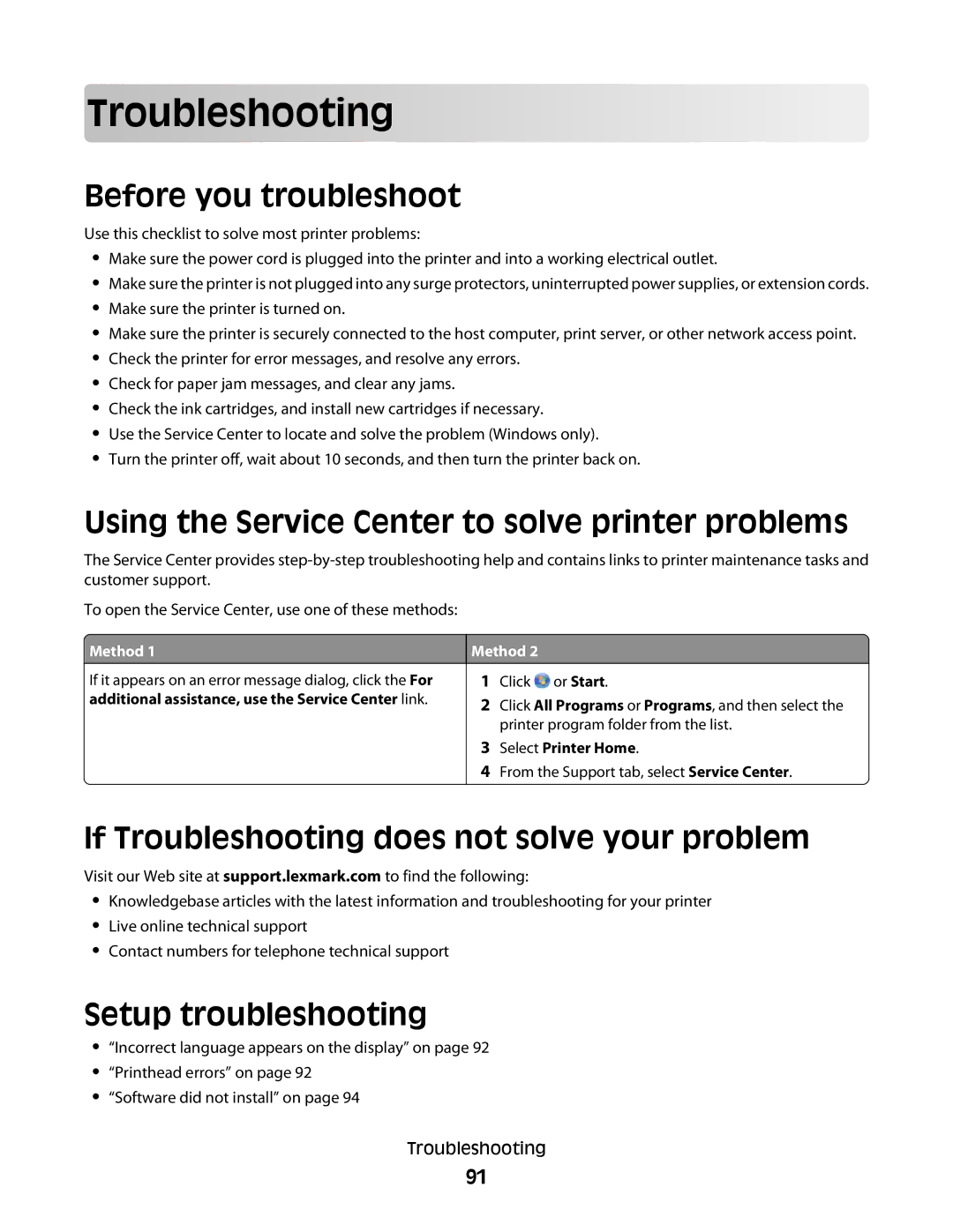 Lexmark 30E, S500, 301 manual Troublesho oting, Before you troubleshoot, Using the Service Center to solve printer problems 