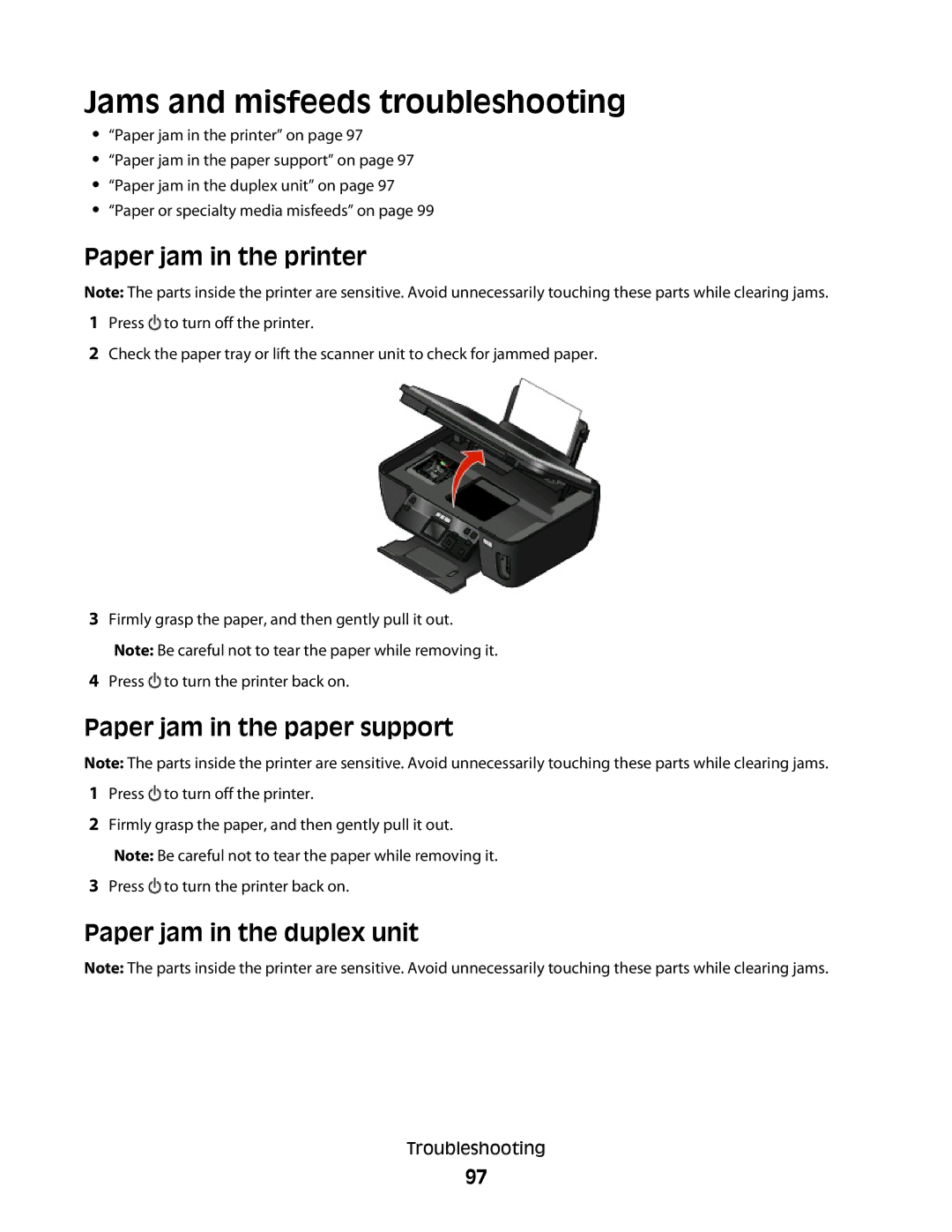 Lexmark 30E, S500, 301 manual Jams and misfeeds troubleshooting, Paper jam in the printer, Paper jam in the paper support 