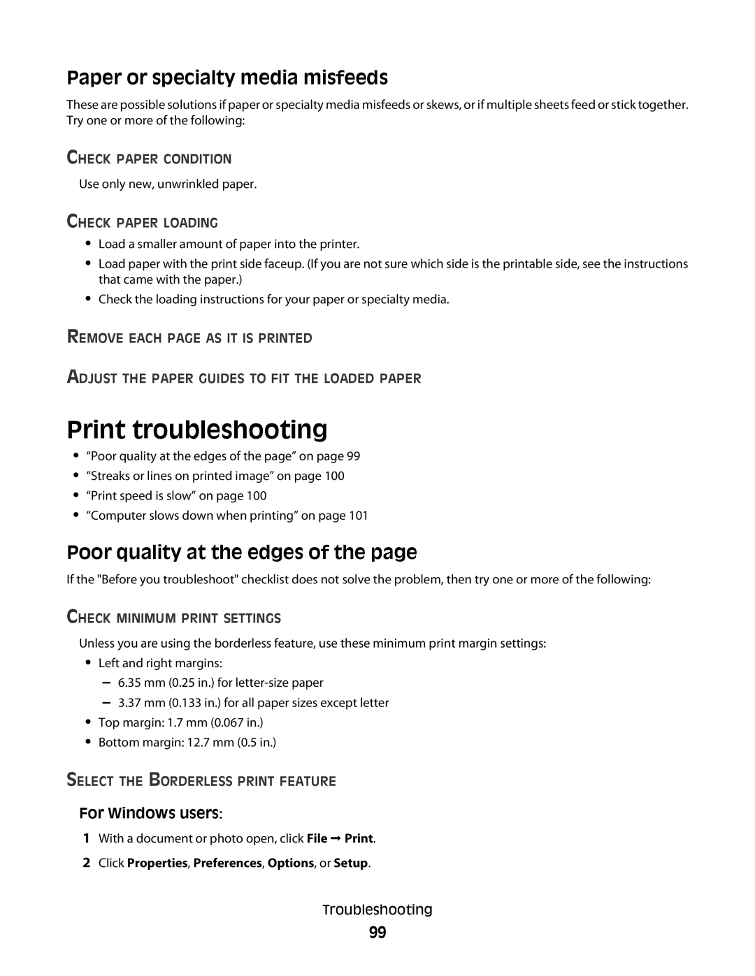 Lexmark S500, 30E, 301 manual Print troubleshooting, Paper or specialty media misfeeds, Poor quality at the edges 